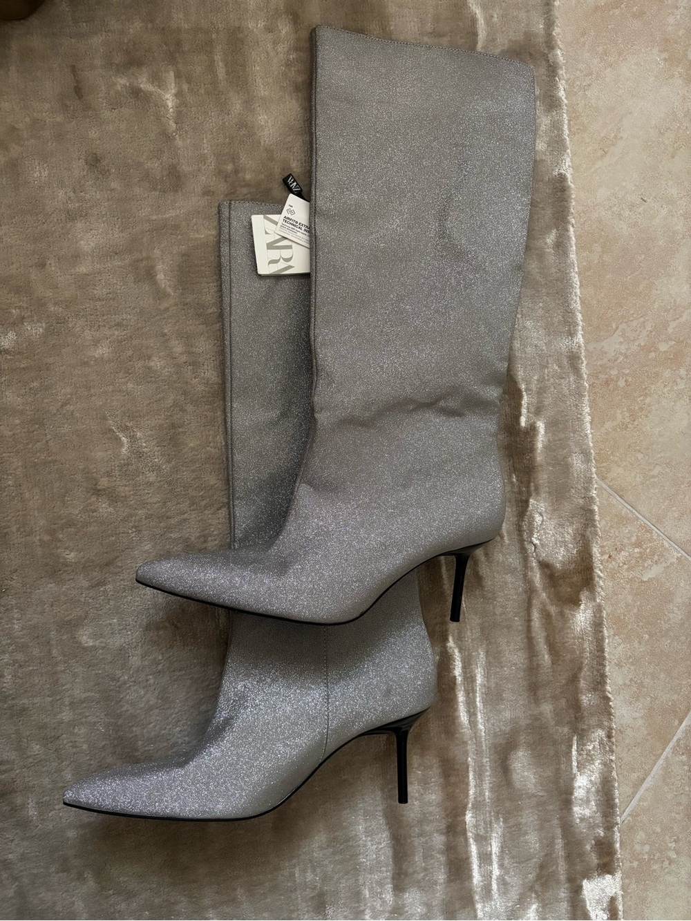 Zara Metallic Silver Knee-High Pointed-Toe Boots